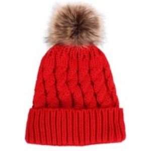 NWOT Cherry Red Winter Hat with Faux Fur Pom Pom